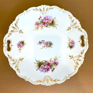 Vtg Porcelain Plate with Tray Handles Gilding Pink Flowers